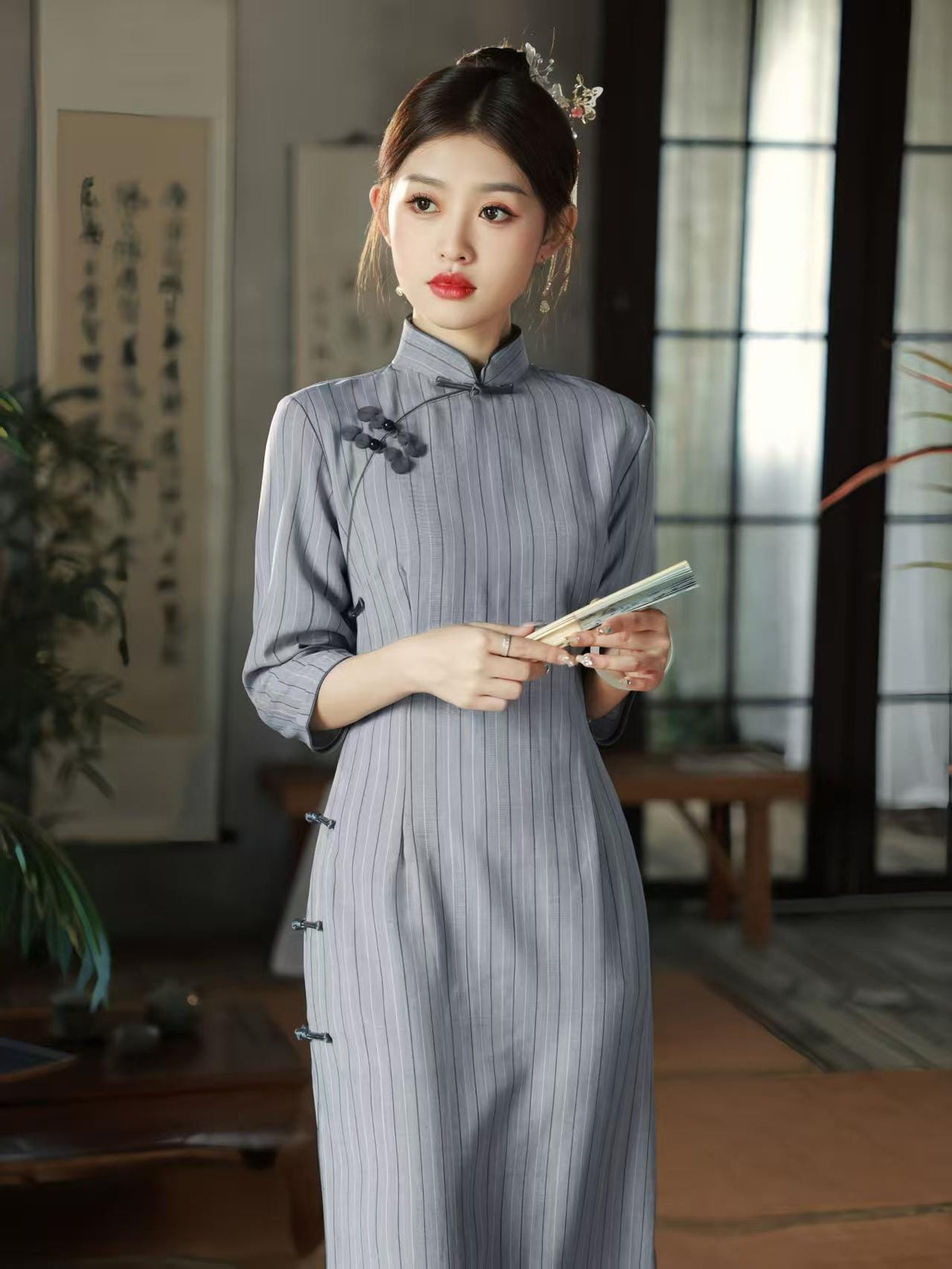 Women's Blue Vintage Qipao Cheongsam Dress – 3/4 Sleeve Fitted – additional product view