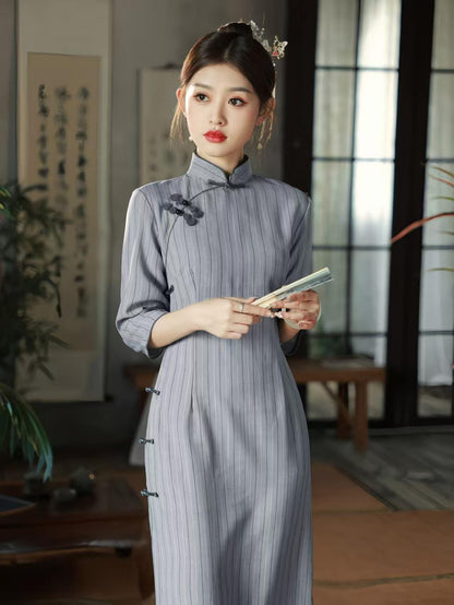 Women's Blue Vintage Qipao Cheongsam Dress – 3/4 Sleeve Fitted – additional product view