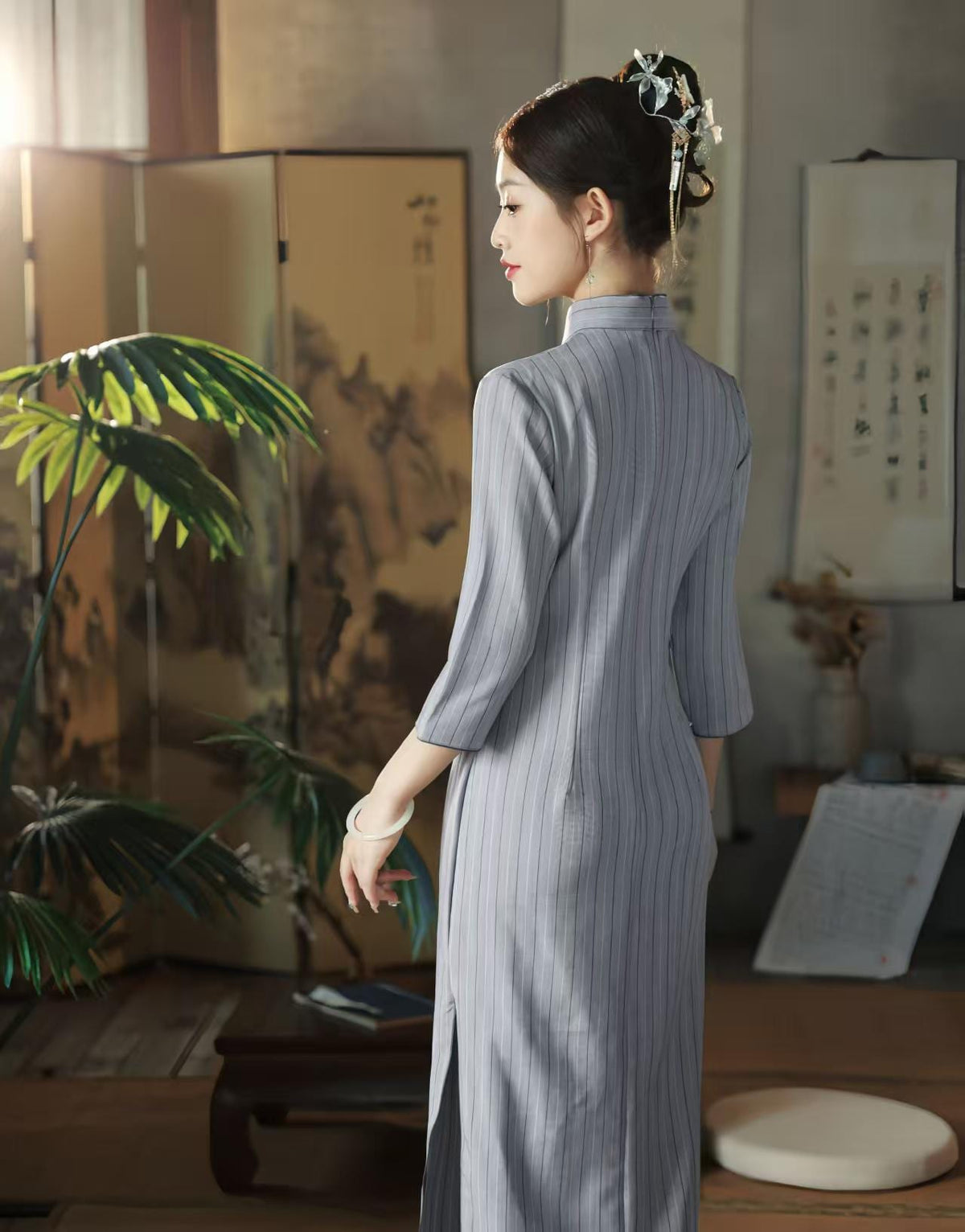 Women's Blue Vintage Qipao Cheongsam Dress – 3/4 Sleeve Fitted – additional product view