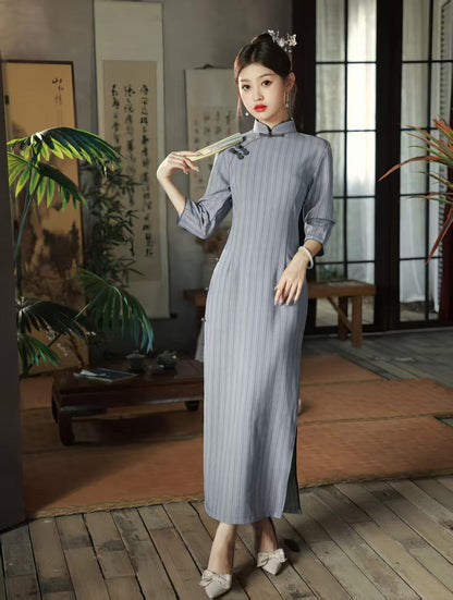 Women's Blue Vintage Qipao Cheongsam Dress – 3/4 Sleeve Fitted – additional product view