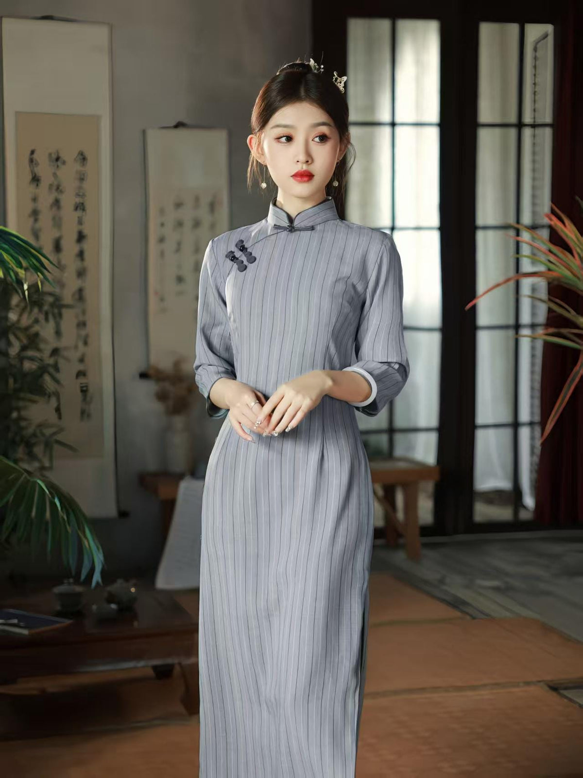 Women's Blue Vintage Qipao Cheongsam Dress – 3/4 Sleeve Fitted – additional product view