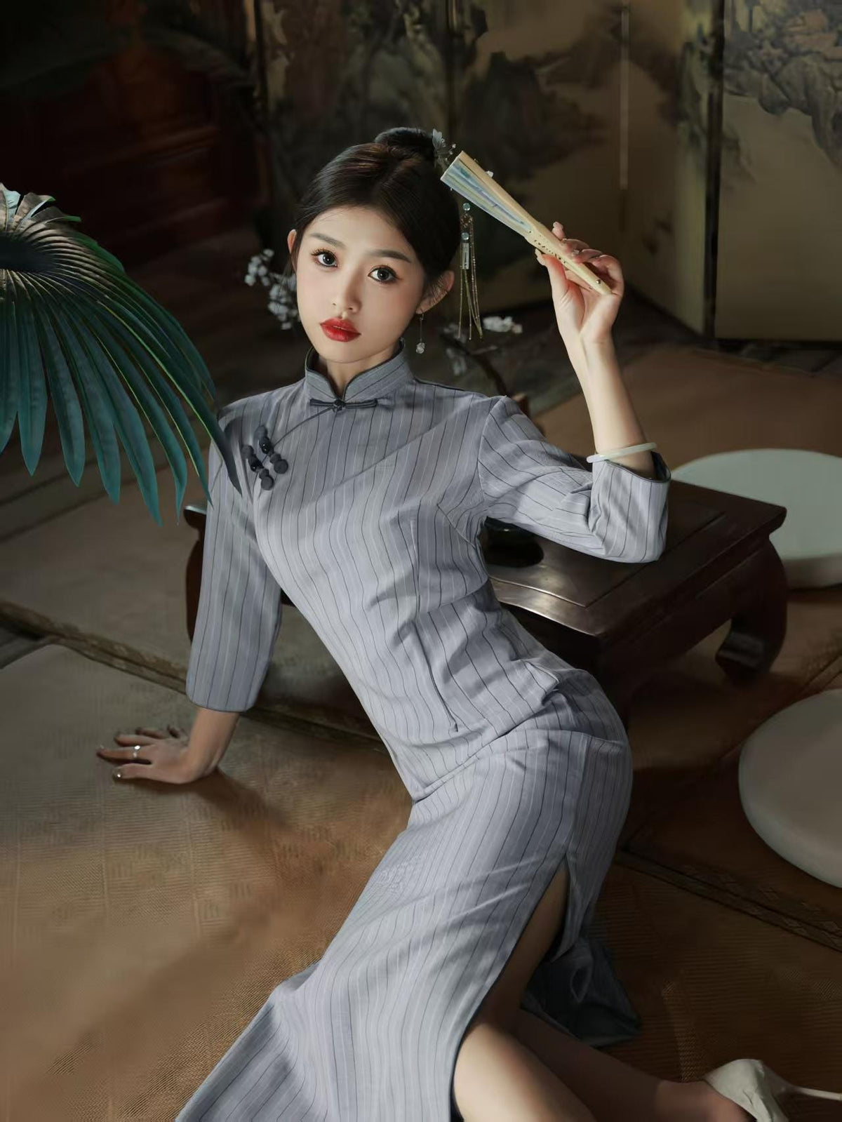 Women's Blue Vintage Qipao Cheongsam Dress – 3/4 Sleeve Fitted