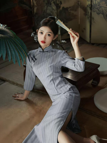 Women's Blue Vintage Qipao Cheongsam Dress – 3/4 Sleeve Fitted