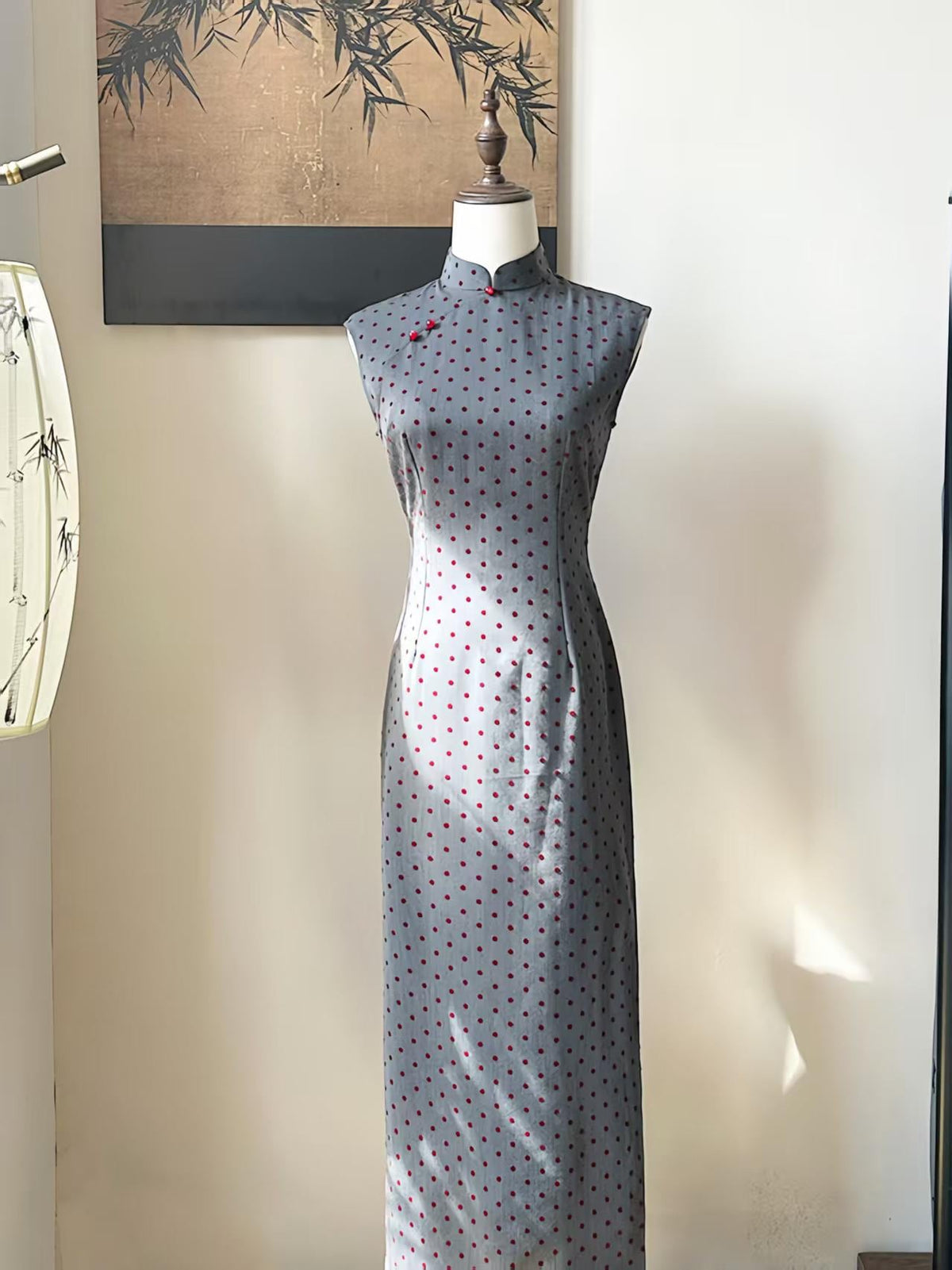 Women's Vintage Qipao Cheongsam Dress – Gray Polka Dot – additional product view