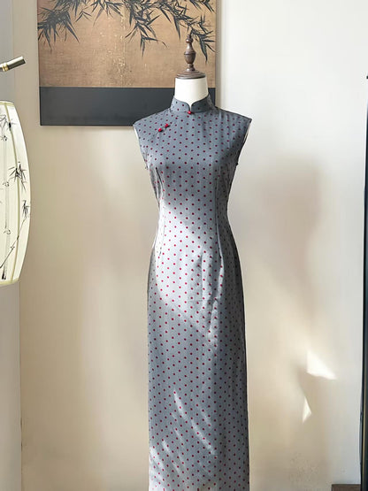 Women's Vintage Qipao Cheongsam Dress – Gray Polka Dot – additional product view