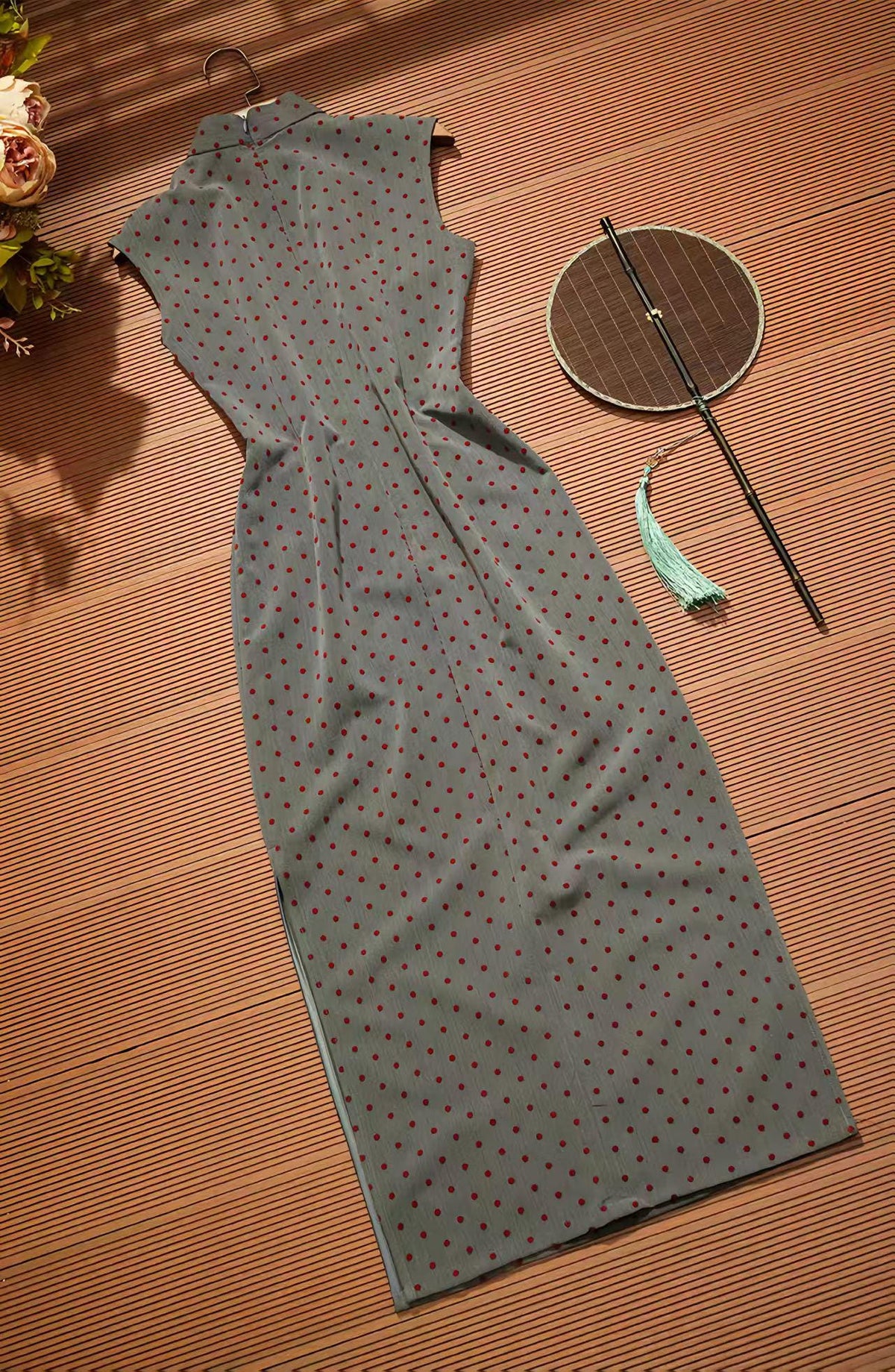 Women's Vintage Qipao Cheongsam Dress – Gray Polka Dot – additional product view