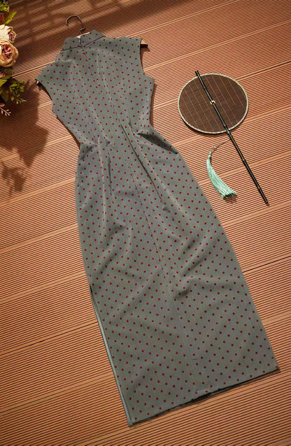 Women's Vintage Qipao Cheongsam Dress – Gray Polka Dot – additional product view