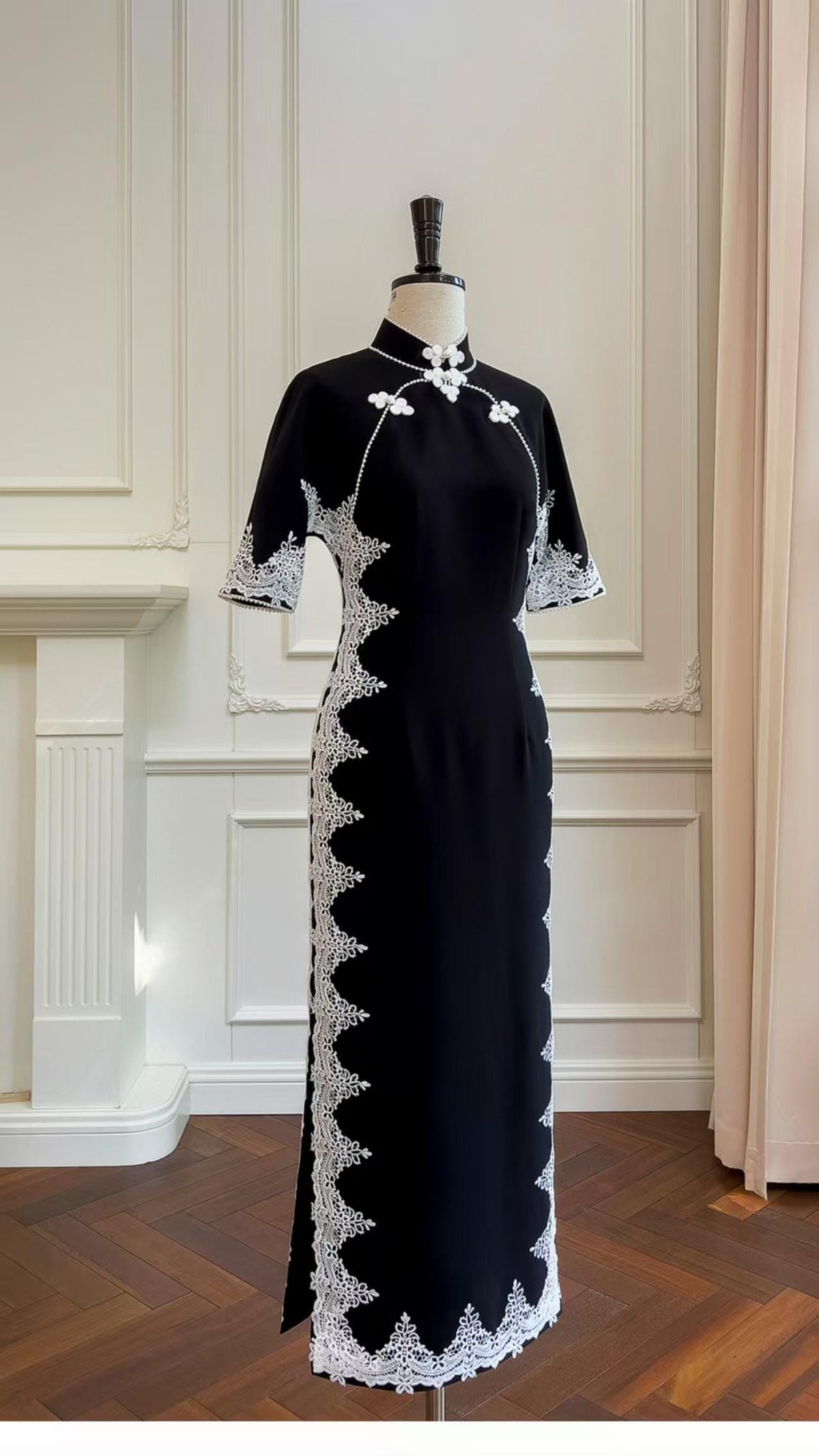 Women's Black Vintage Velvet Qipao Cheongsam Dress – additional product view