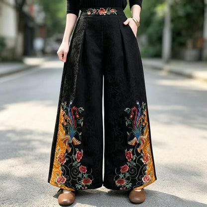 Women's Floral Embroidered Vintage Chinese Style Wide-Leg Pants – additional product view