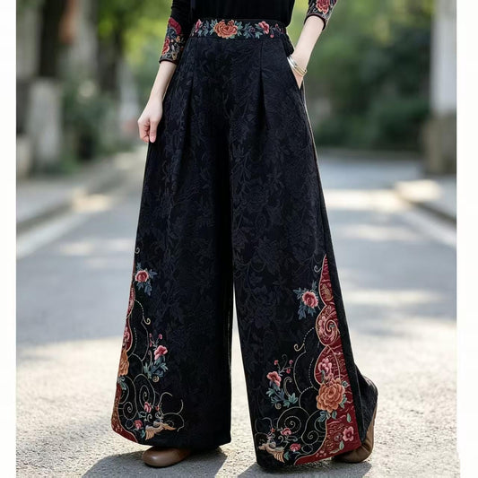 Women's Floral Embroidered Vintage Chinese Style Wide-Leg Pants