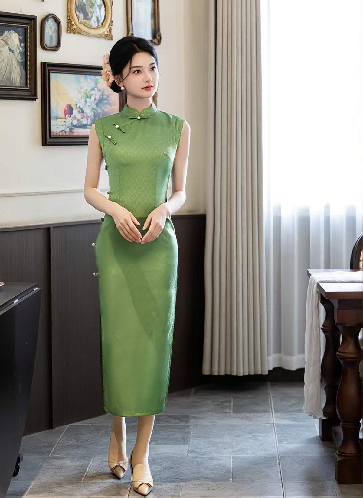 Women's Green Vintage Qipao Cheongsam Dress – additional product view