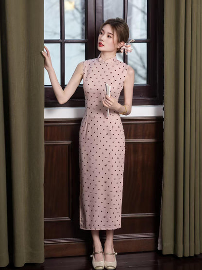 Women's Pink Jacquard Satin Qipao Cheongsam Dress – additional product view