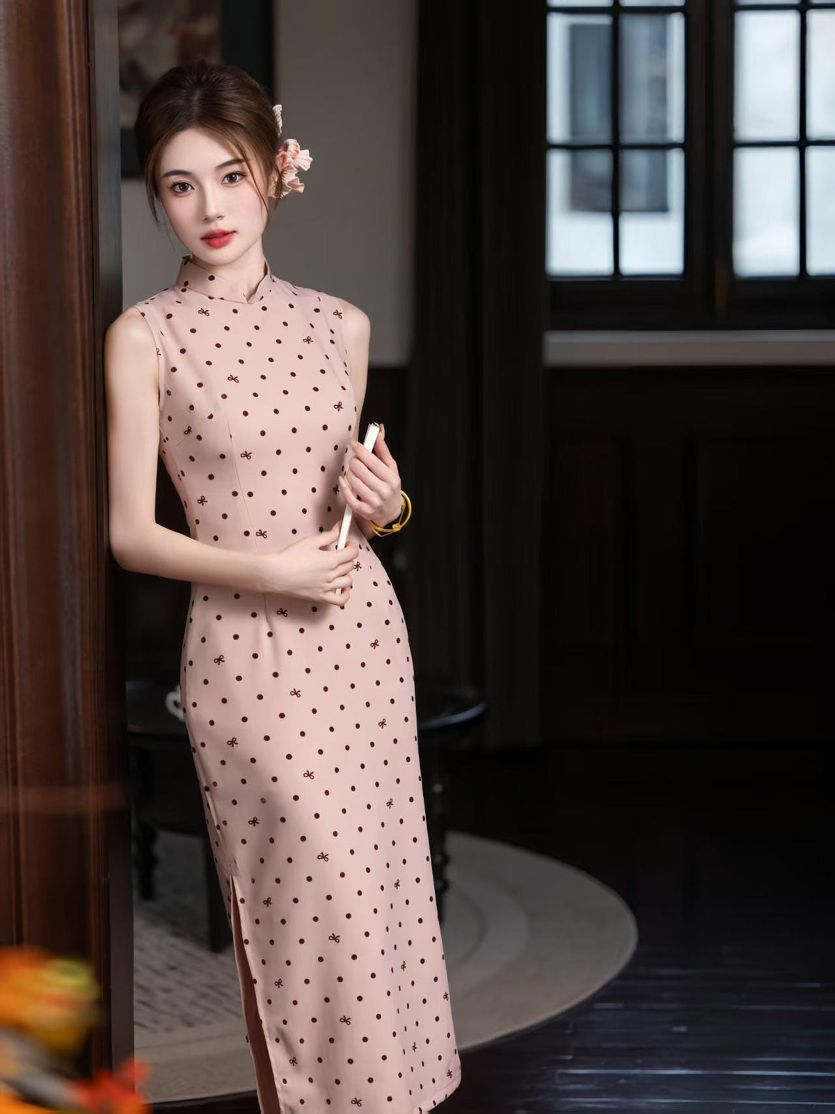 Women's Pink Jacquard Satin Qipao Cheongsam Dress – additional product view