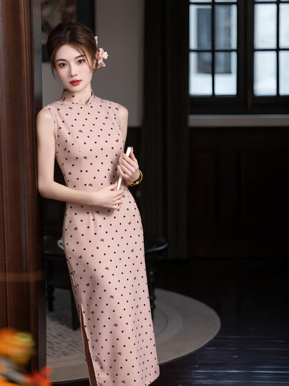 Women's Pink Jacquard Satin Qipao Cheongsam Dress – additional product view