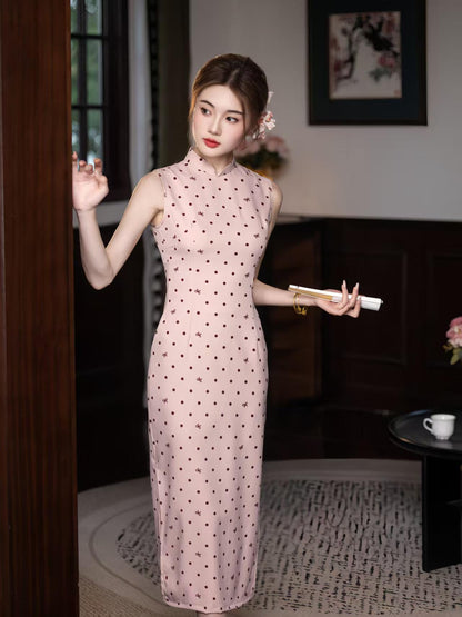 Women's Pink Jacquard Satin Qipao Cheongsam Dress – additional product view
