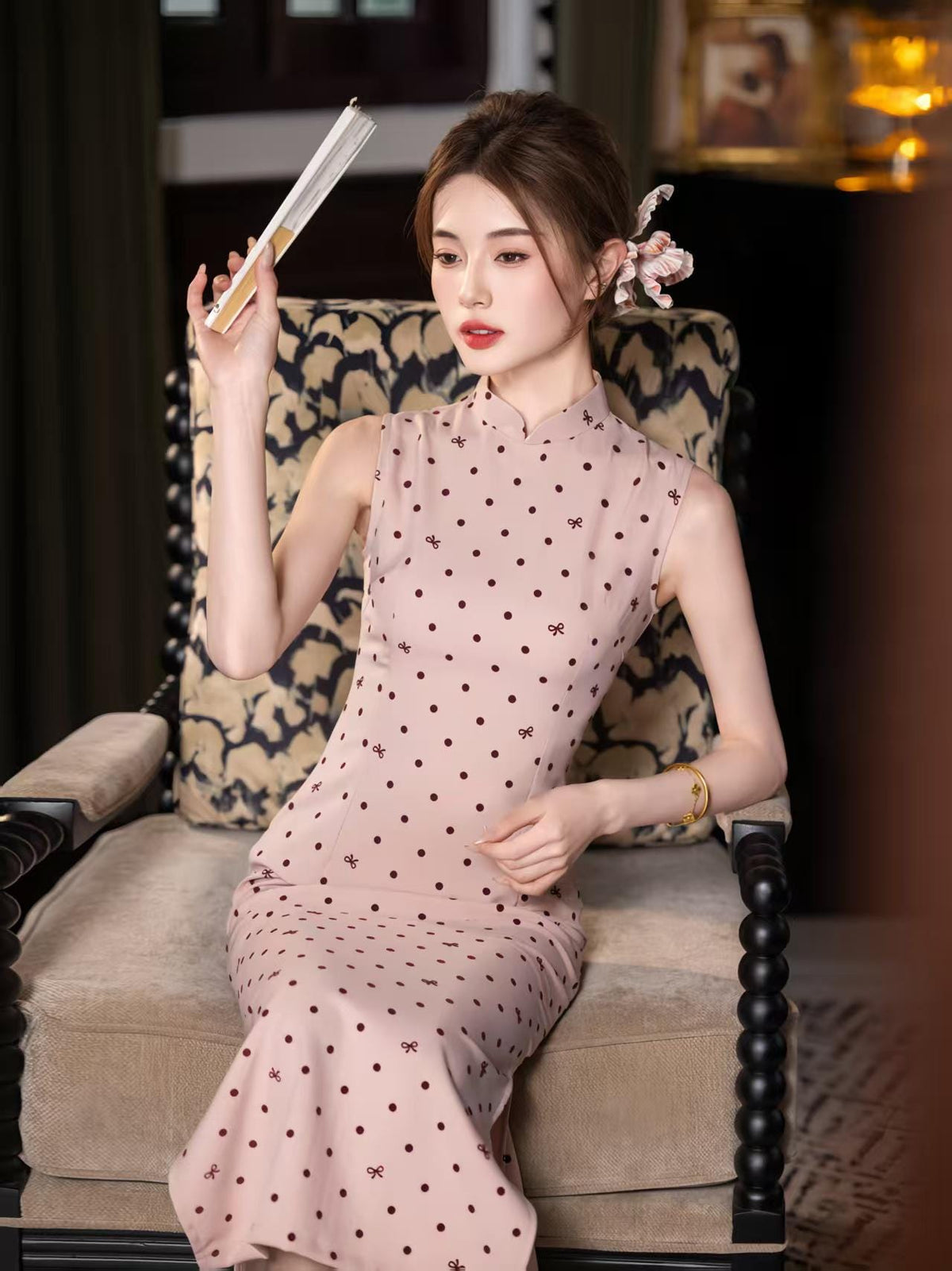 Women's Pink Jacquard Satin Qipao Cheongsam Dress