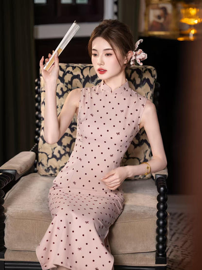 Women's Pink Jacquard Satin Qipao Cheongsam Dress