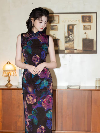 Women's Black Floral Qipao Cheongsam Dress – additional product view
