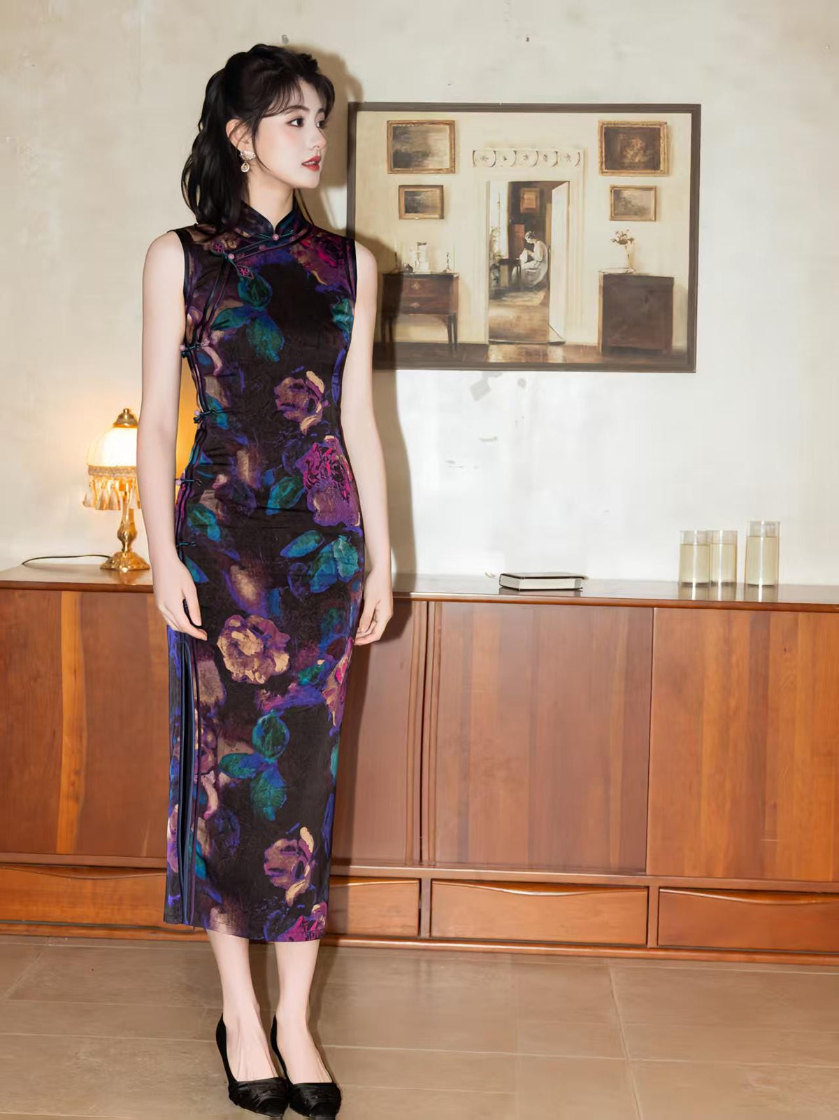 Women's Black Floral Qipao Cheongsam Dress – additional product view