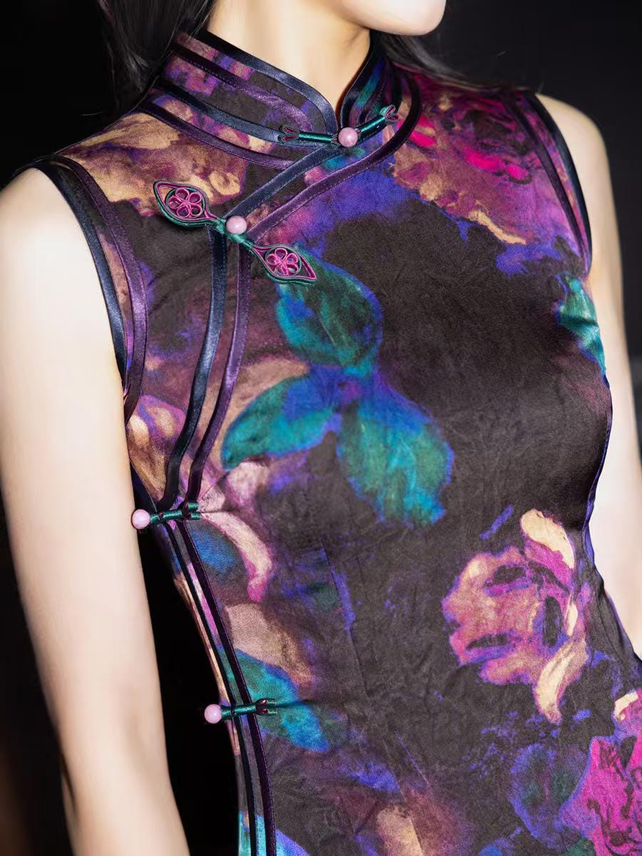 Women's Black Floral Qipao Cheongsam Dress – additional product view