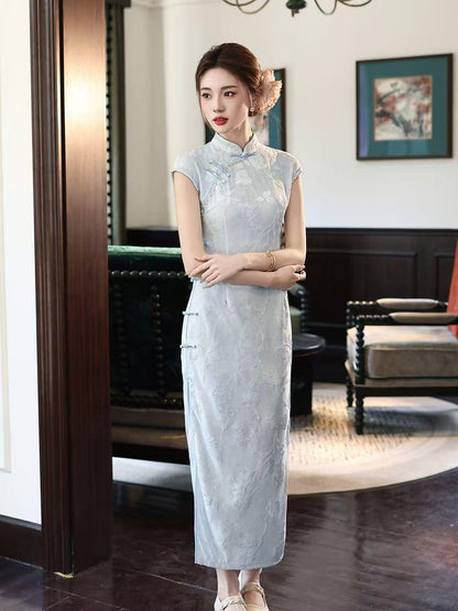 Women's Vintage Qipao Cheongsam Dress – Light Gray Maxi Fitted – additional product view