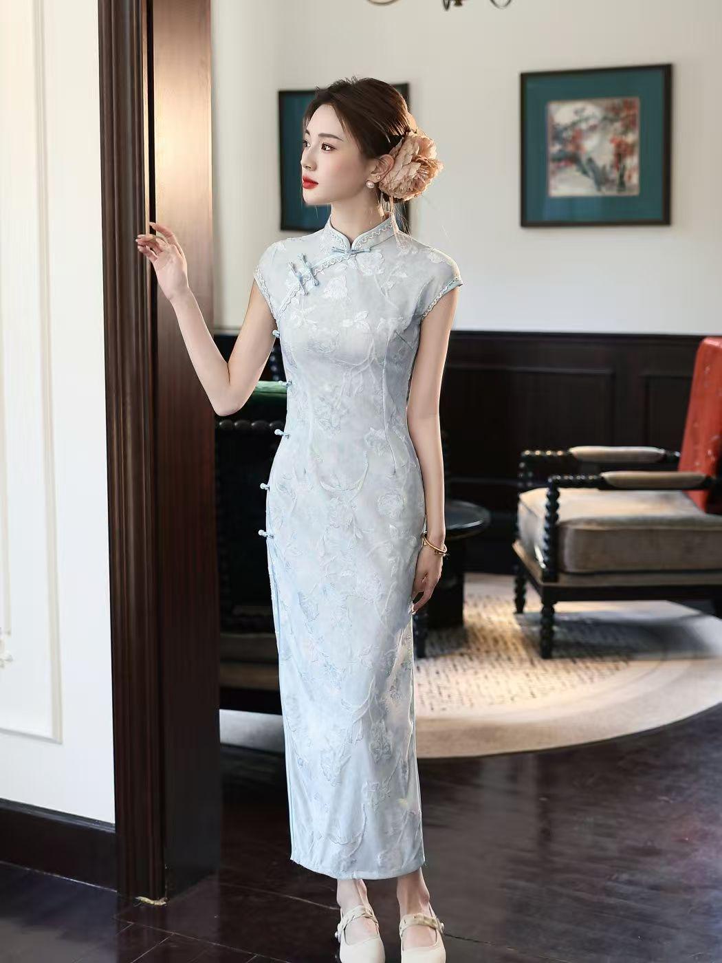 Women's Vintage Qipao Cheongsam Dress – Light Gray Maxi Fitted – additional product view