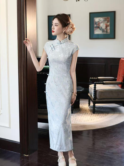 Women's Vintage Qipao Cheongsam Dress – Light Gray Maxi Fitted – additional product view