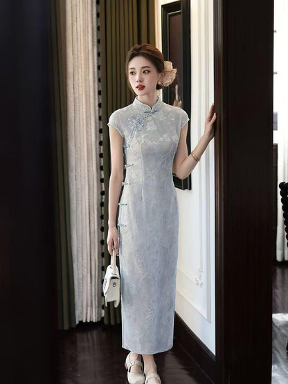 Women's Vintage Qipao Cheongsam Dress – Light Gray Maxi Fitted – additional product view