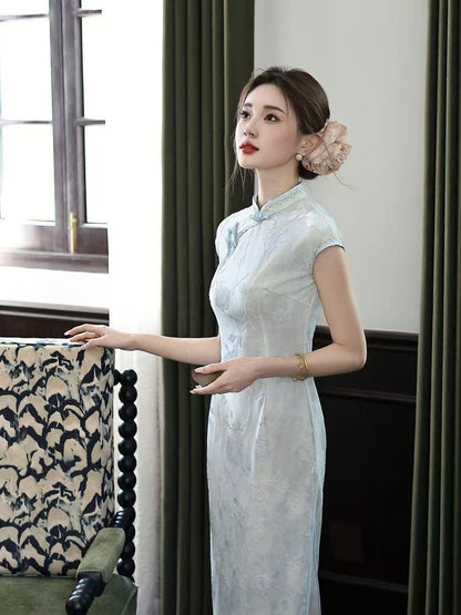 Women's Vintage Qipao Cheongsam Dress – Light Gray Maxi Fitted – additional product view