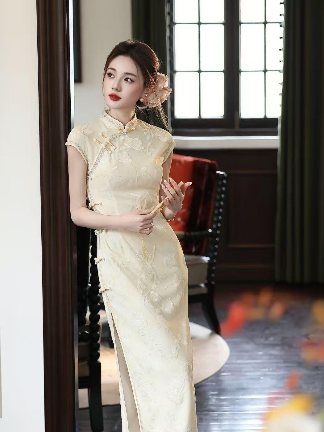 Women's Vintage Qipao Cheongsam Dress – Light Gray Maxi Fitted – additional product view