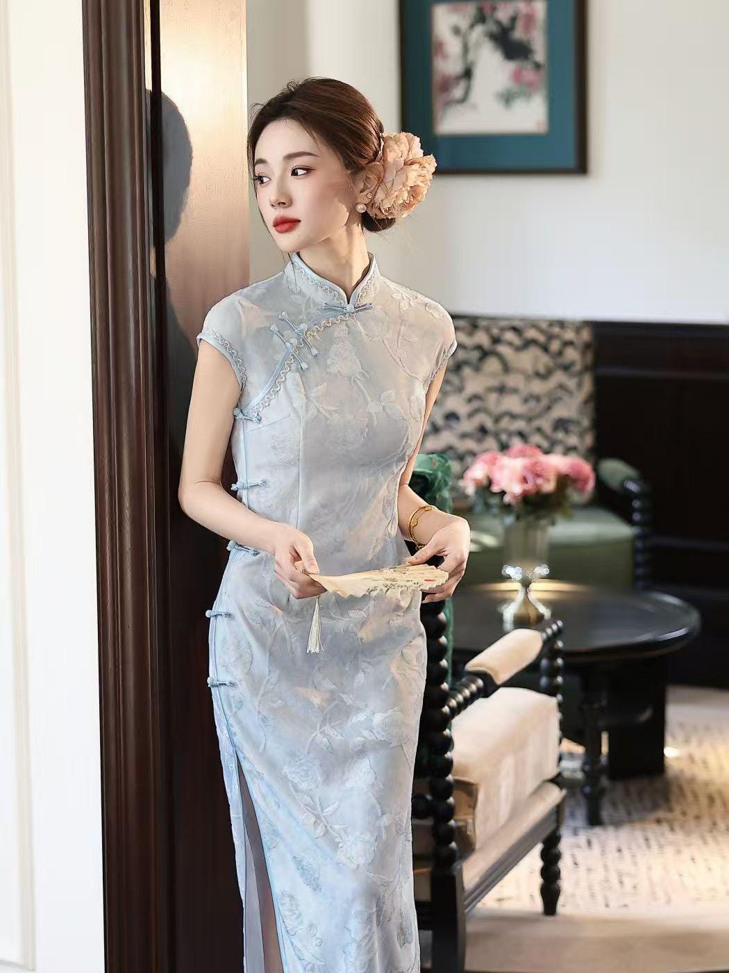 Women's Vintage Qipao Cheongsam Dress – Light Gray Maxi Fitted