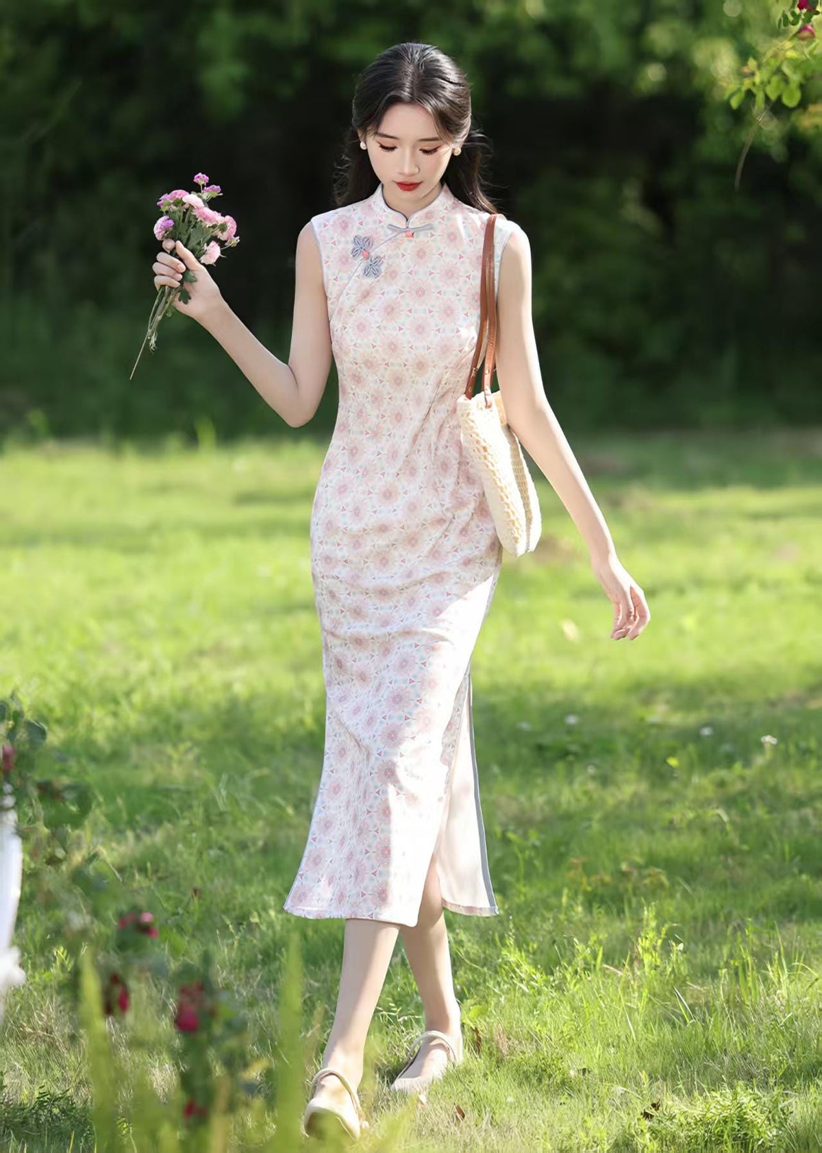 Women's Pink Floral Qipao Cheongsam Dress – Sleeveless Midi Mandarin Collar – additional product view