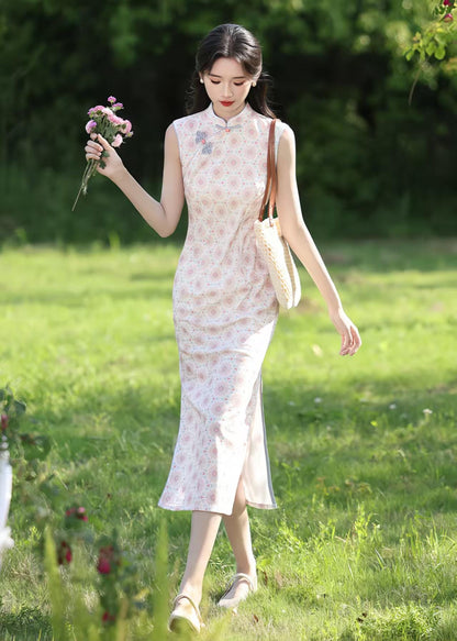 Women's Pink Floral Qipao Cheongsam Dress – Sleeveless Midi Mandarin Collar – additional product view