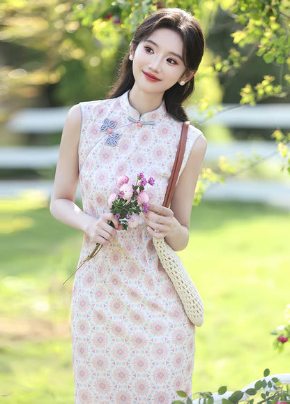 Women's Pink Floral Qipao Cheongsam Dress – Sleeveless Midi Mandarin Collar – additional product view