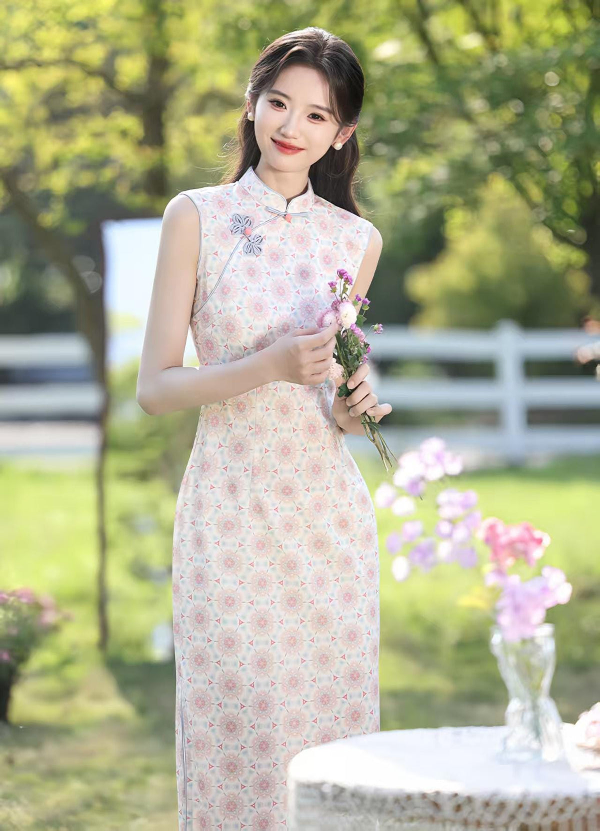 Women's Pink Floral Qipao Cheongsam Dress – Sleeveless Midi Mandarin Collar – additional product view