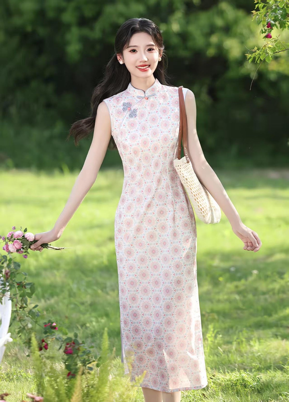 Women's Pink Floral Qipao Cheongsam Dress – Sleeveless Midi Mandarin Collar – additional product view