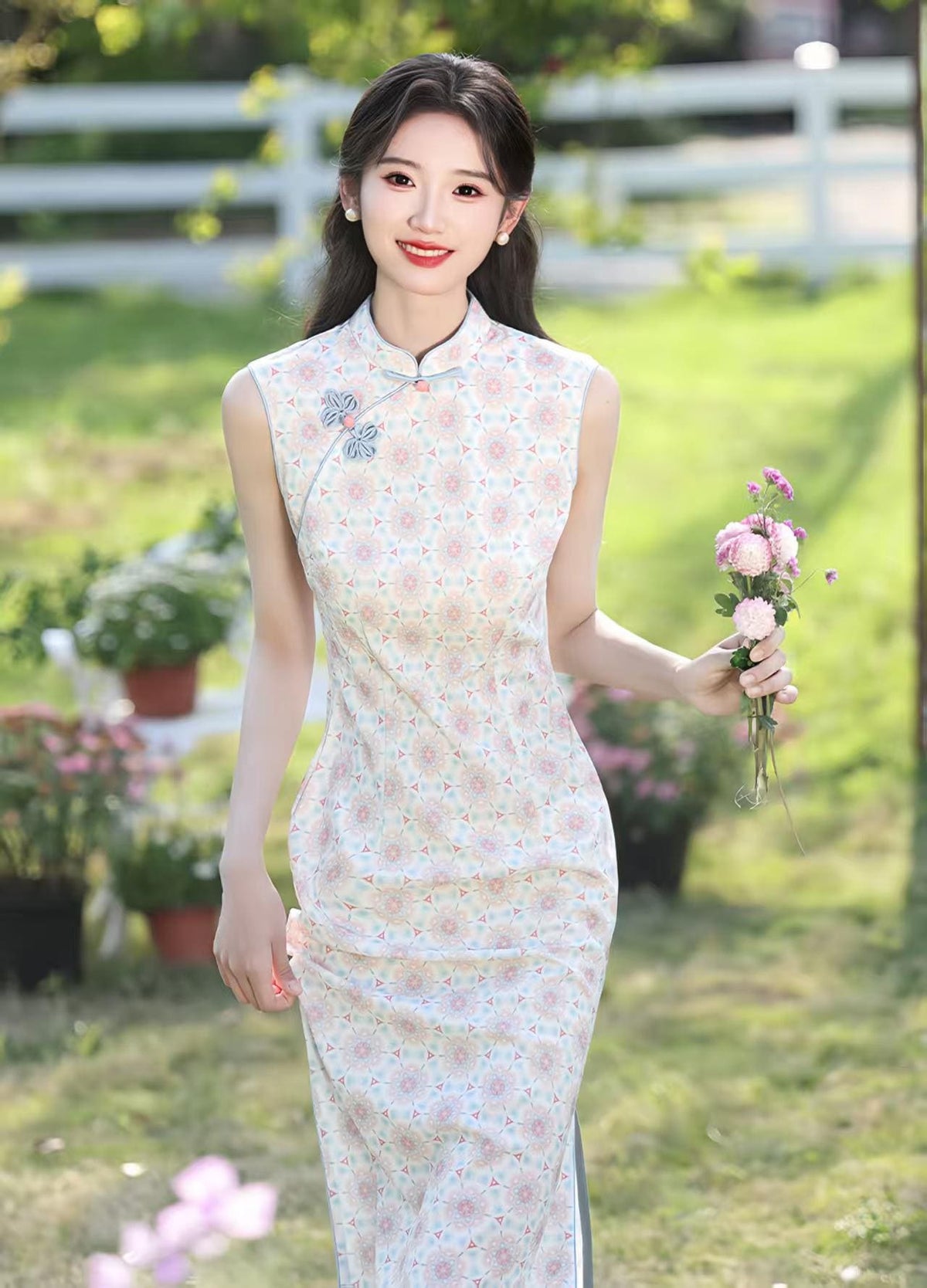 Women's Pink Floral Qipao Cheongsam Dress – Sleeveless Midi Mandarin Collar – additional product view