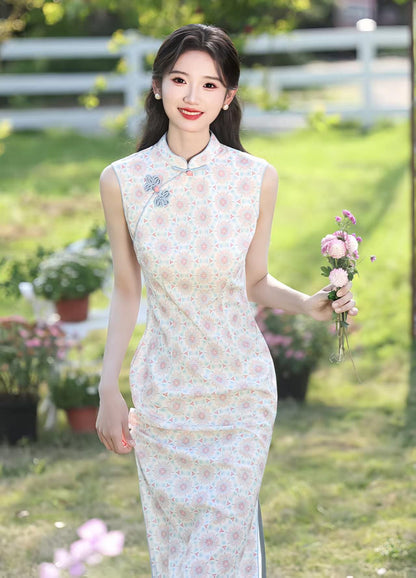 Women's Pink Floral Qipao Cheongsam Dress – Sleeveless Midi Mandarin Collar – additional product view