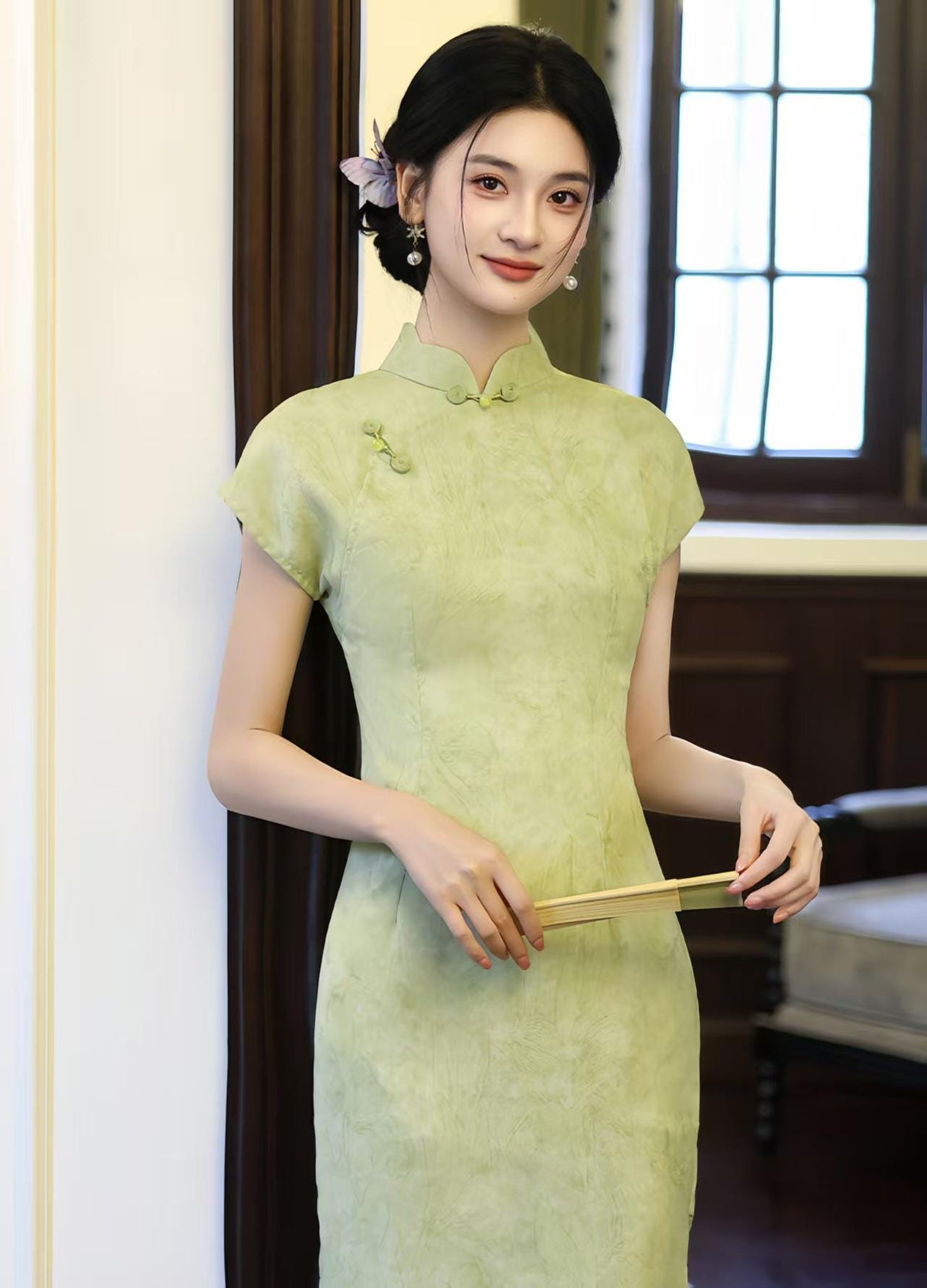 Women's Green Vintage Qipao Cheongsam Dress – Midi Mandarin Collar – additional product view