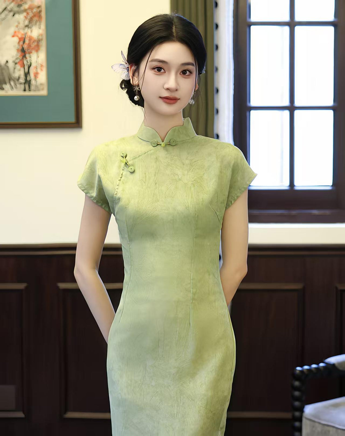 Women's Green Vintage Qipao Cheongsam Dress – Midi Mandarin Collar – additional product view