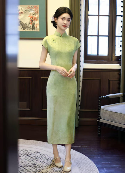 Women's Green Vintage Qipao Cheongsam Dress – Midi Mandarin Collar – additional product view