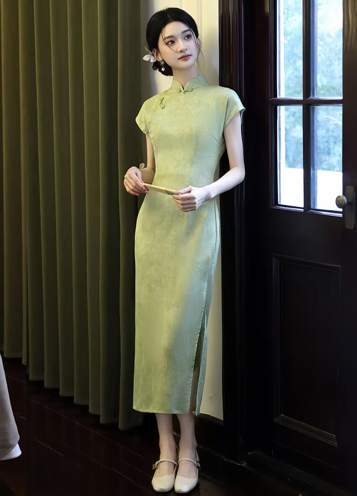 Women's Green Vintage Qipao Cheongsam Dress – Midi Mandarin Collar – additional product view