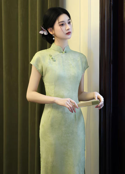 Women's Green Vintage Qipao Cheongsam Dress – Midi Mandarin Collar – additional product view