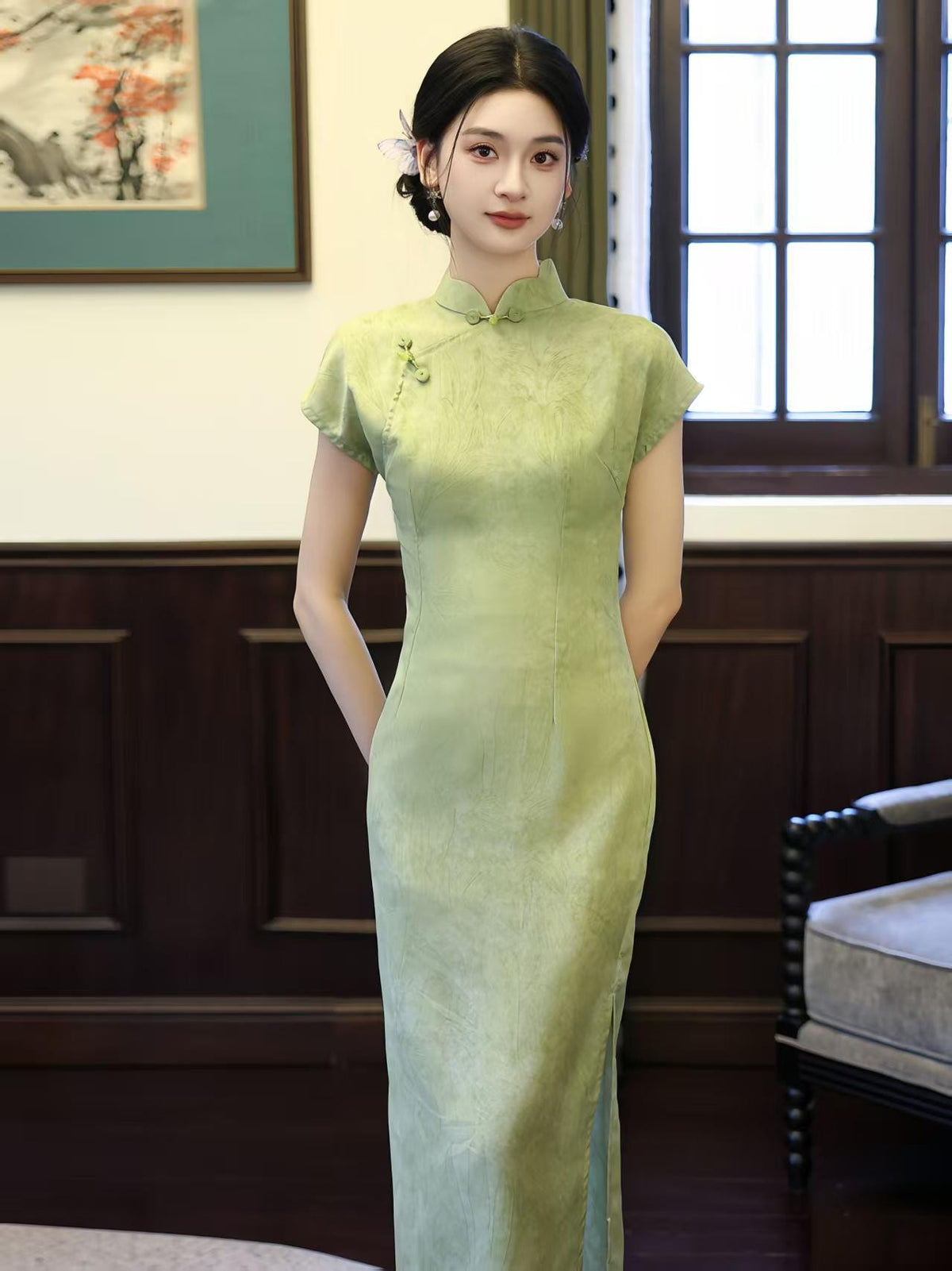 Women's Green Vintage Qipao Cheongsam Dress – Midi Mandarin Collar