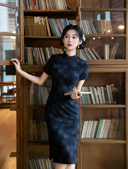 Women's Blue Vintage Qipao Cheongsam Dress – Short Sleeve Midi Mandarin Collar – additional product view