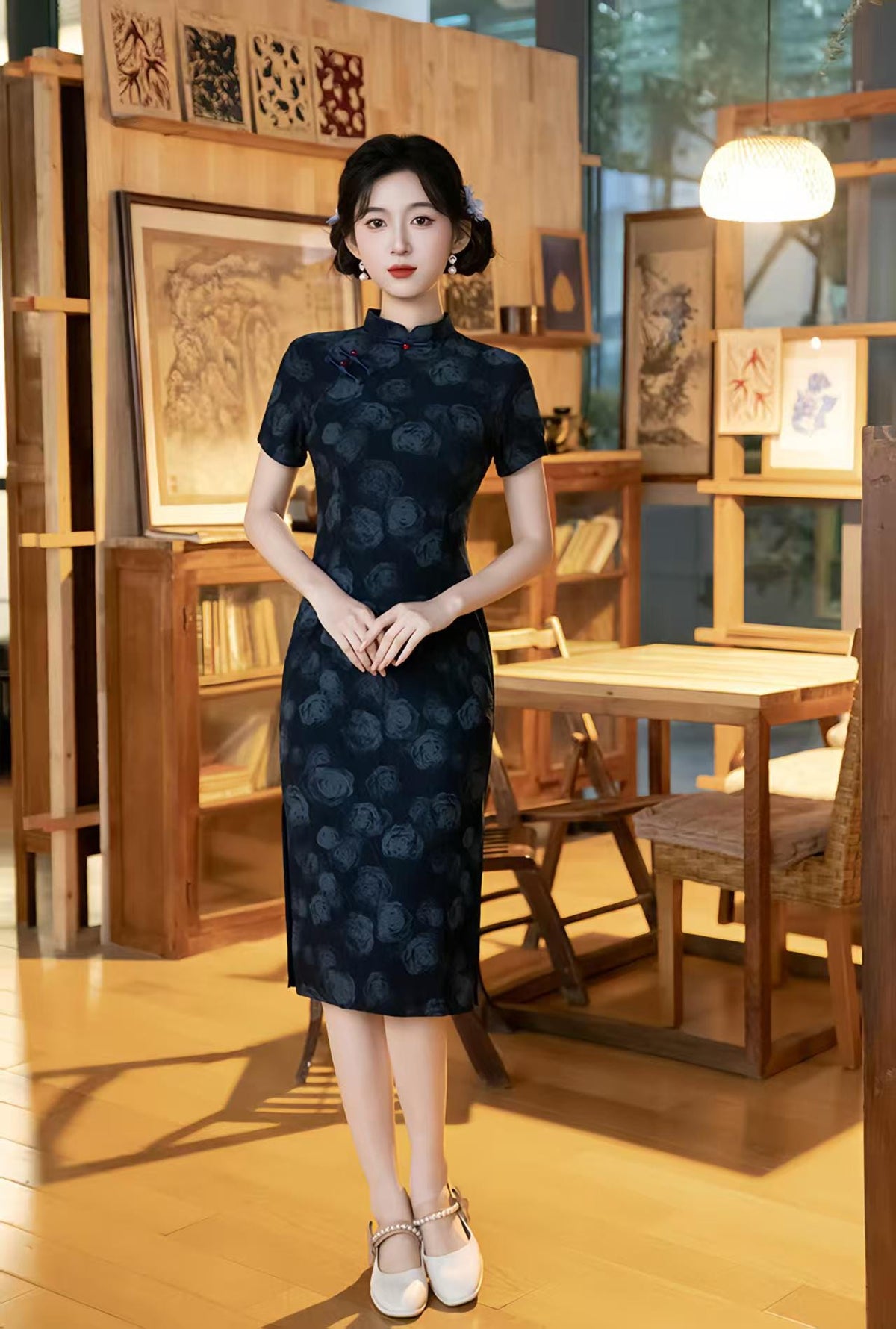 Women's Blue Vintage Qipao Cheongsam Dress – Short Sleeve Midi Mandarin Collar – additional product view