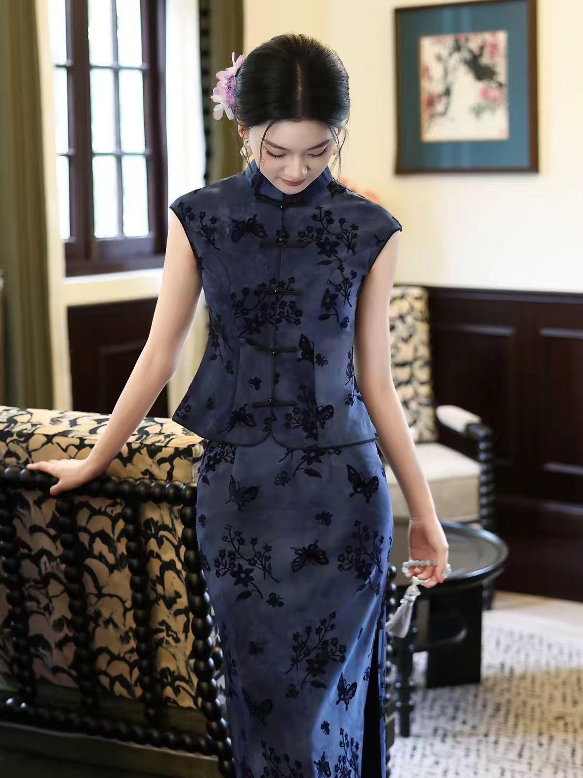 Women's Vintage Modern Chinese Two-Piece Set – Printed – additional product view