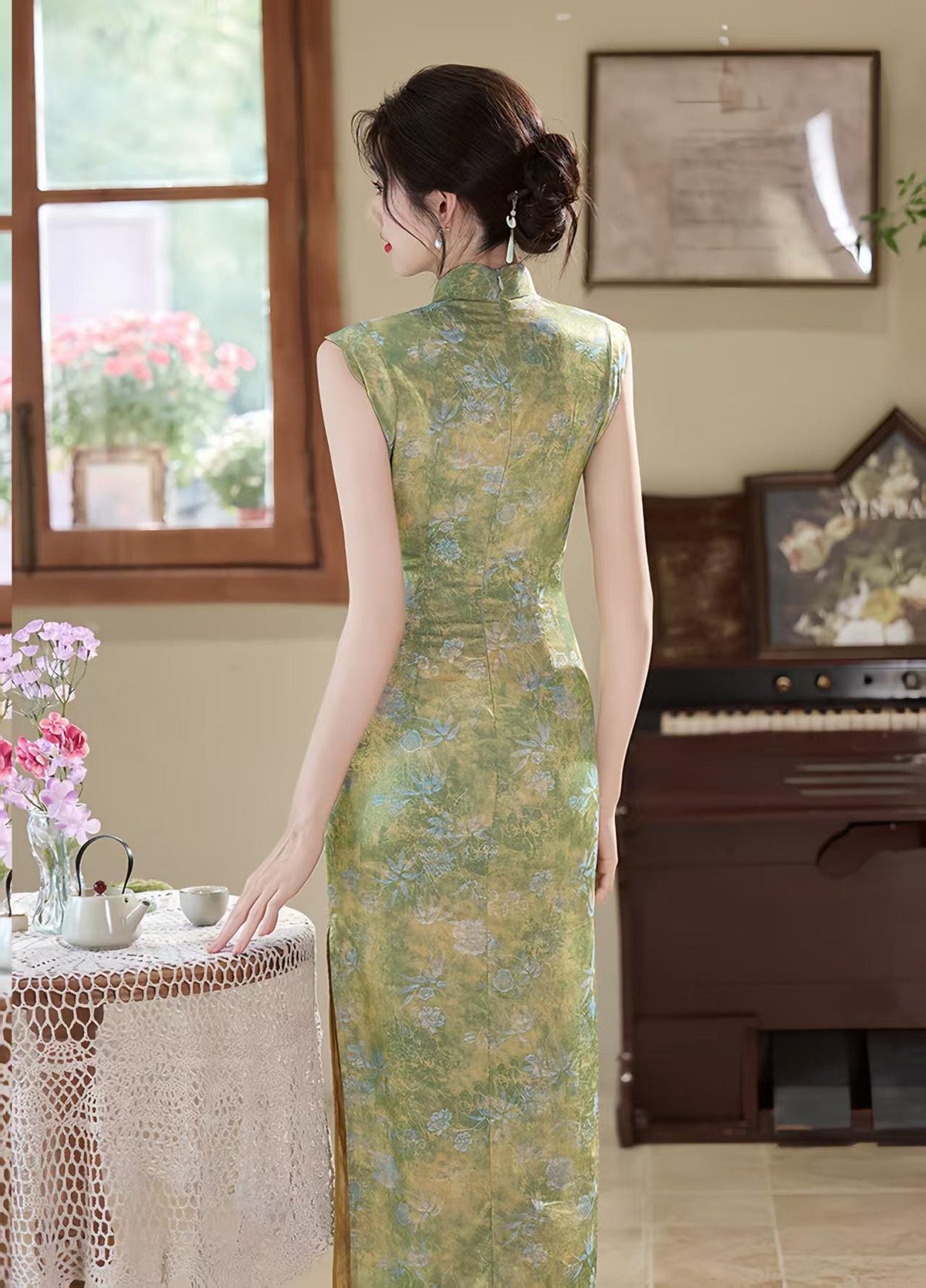 Women's Green Elegant Brocade Qipao Cheongsam Dress – additional product view