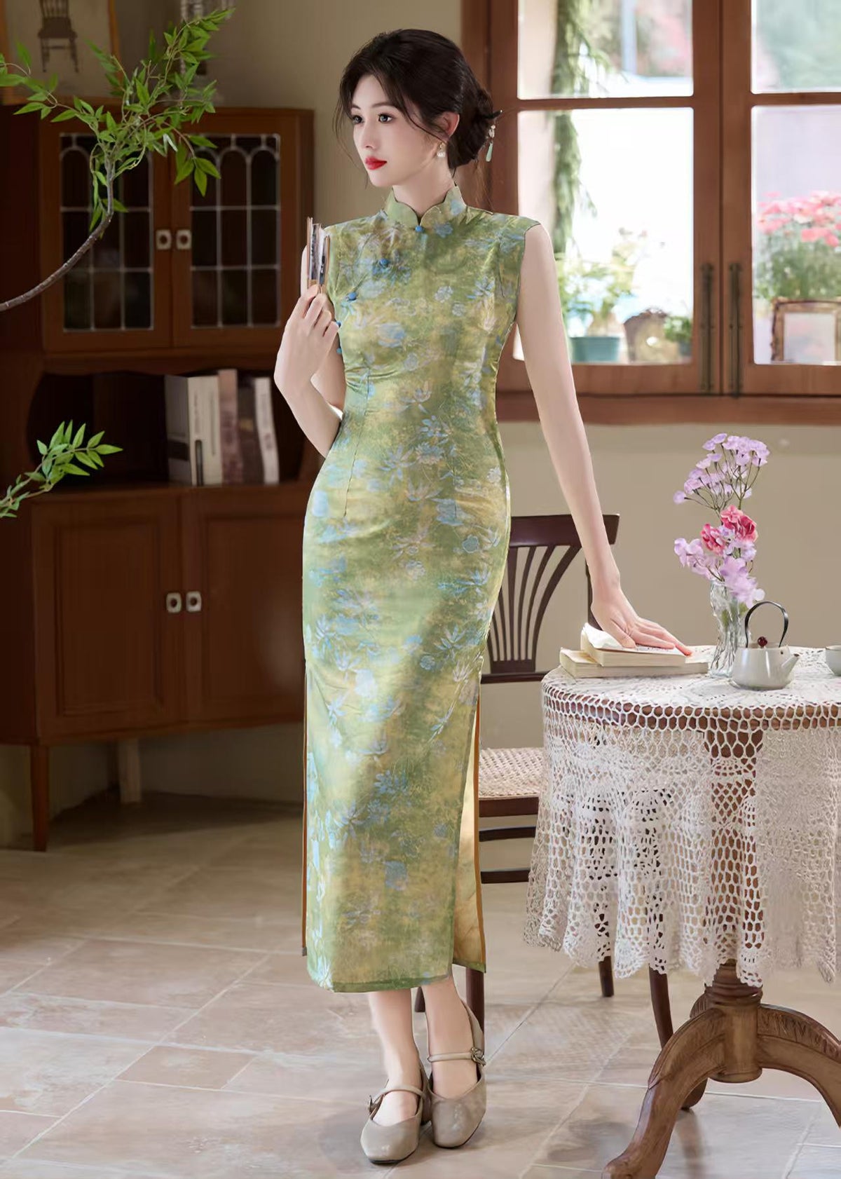 Women's Green Elegant Brocade Qipao Cheongsam Dress