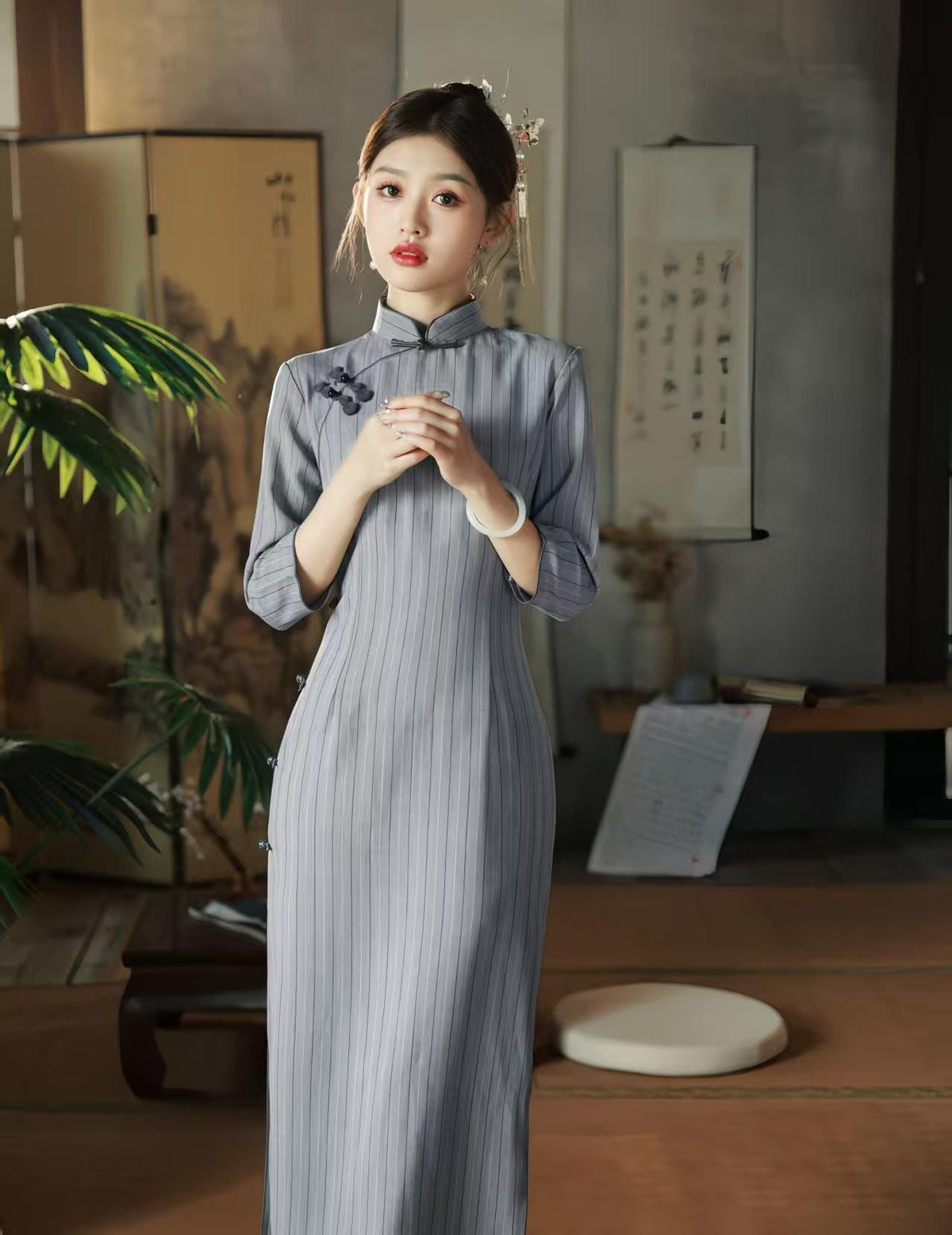 Women's Blue Vintage Qipao Cheongsam Dress – 3/4 Sleeve Fitted – additional product view